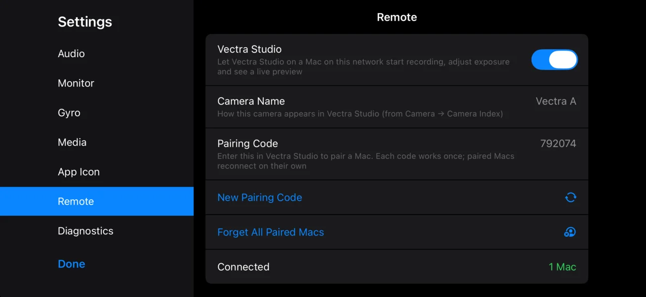 Vectra's Remote settings on iPhone: Vectra Studio on, camera name Vectra A, a pairing code, and one Mac connected