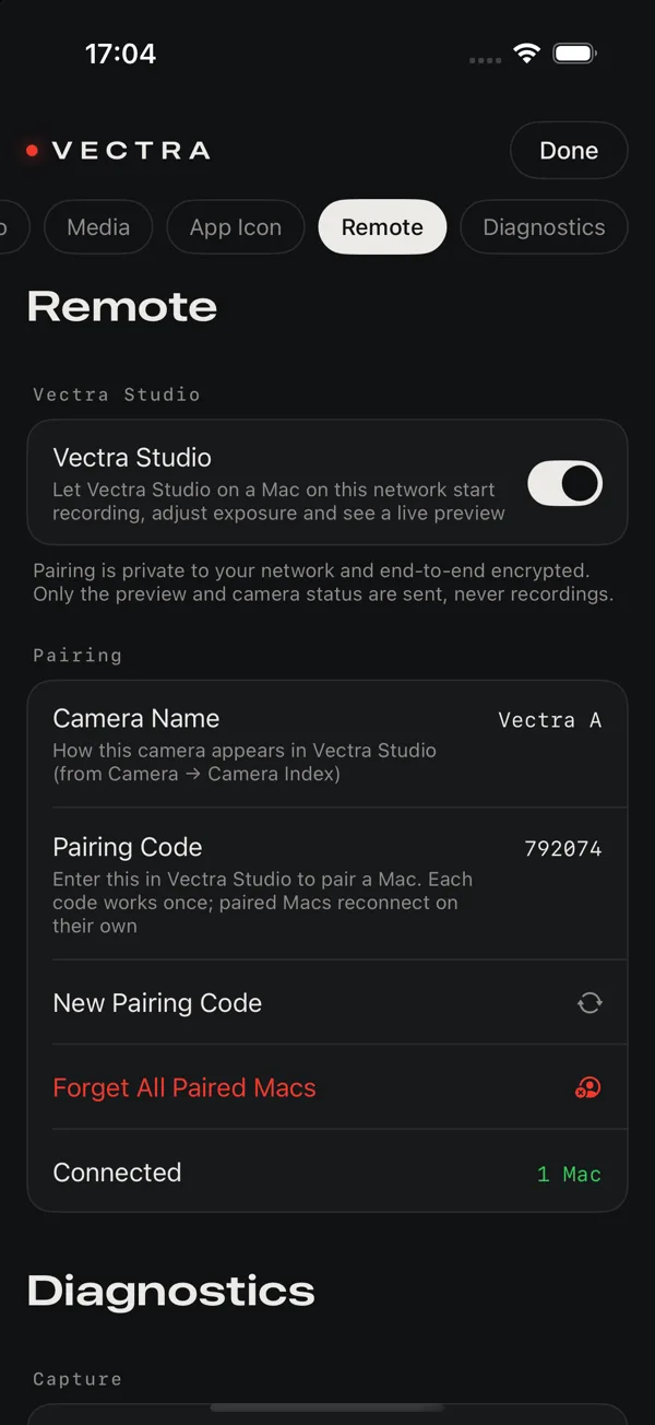 Vectra's Remote settings on iPhone: Vectra Studio on, camera name Vectra A, a pairing code, and one Mac connected