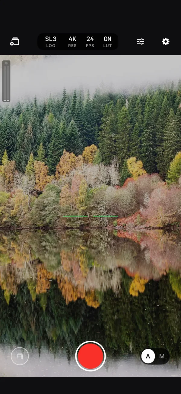 Vectra's viewfinder recording S-Log3 4K at 24 fps with view assist on, showing a forest reflected in a loch