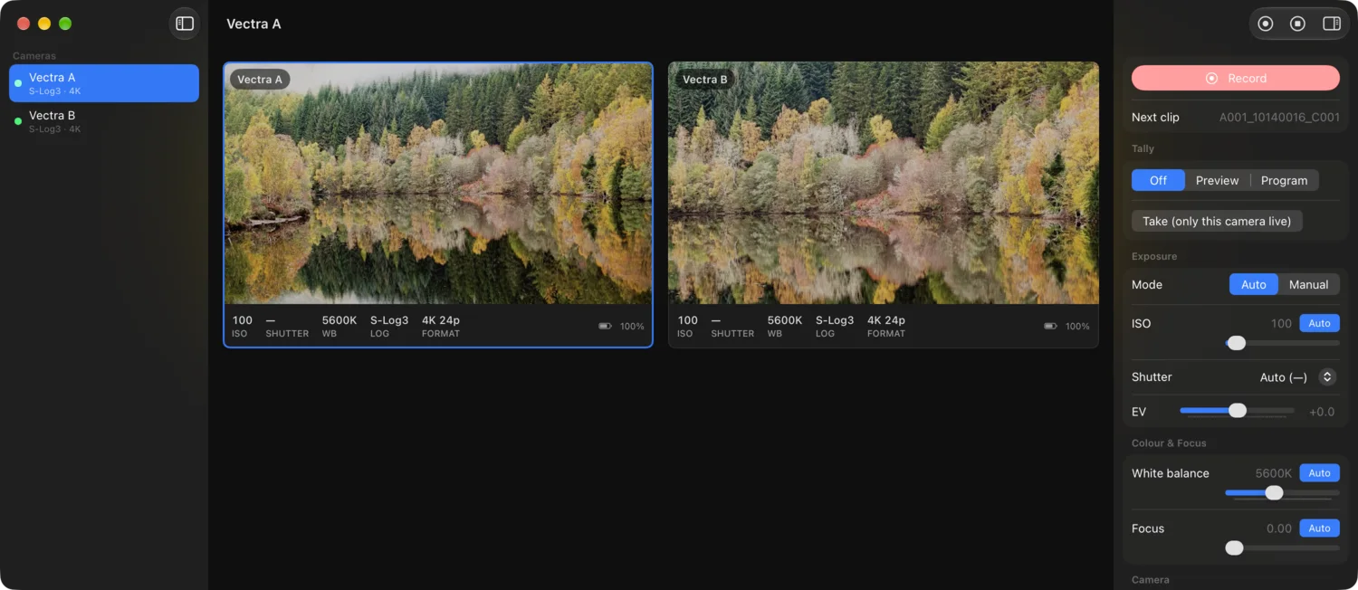 Vectra Studio on a Mac showing two connected cameras, Vectra A and Vectra B, side by side, with exposure controls in the inspector